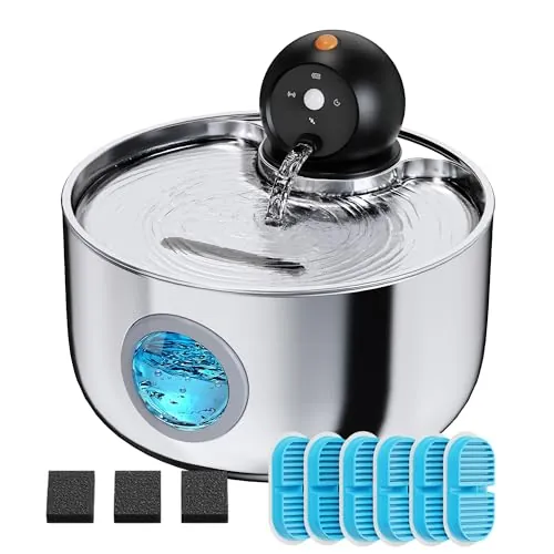 Fuente para Gatos sin Cable: Fuente de Agua para Gatos con Sensor - 2.6L Bebedero Gato Automatico Inalambrica a Pilas - Dispensador Agua para Mascotas Acero Inoxidable - 9 Filtros