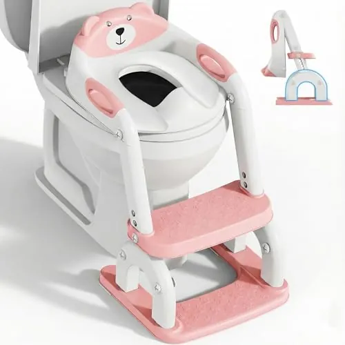 Asiento de inodoro para niños con escalera, accesorio de inodoro mejorado para niños y niñas, 2 en 1, entrenador de inodoro con escalera, altura ajustable, cómodo asiento de inodoro seguro (Rosa)
