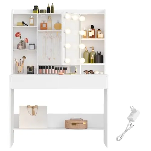 VASAGLE Tocador con 9 Bombillas, Regleta, Espejo, 2 Cajones | Mesa de Maquillaje, 3 Colores con Brillo Ajustable, Estantes Ajustables, Estilo Moderno, Blanco, Colección Kailyn RDT126W01