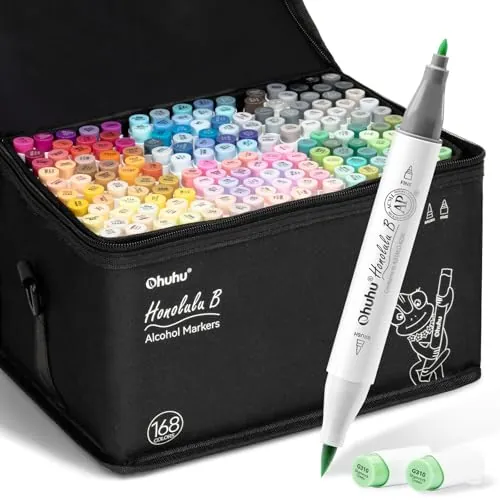 Ohuhu Rotuladores Alcohol 168 Pincel & Fino Set Arte Recargable
