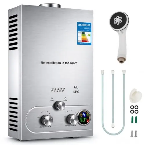 6L 12KW Calentador de Agua de Gas GLP Butano y Propano Calentador de Agua Calentador de Agua LPG Instantáneo Portátil,para Ducha Al Aire Libre,Baño,Camping