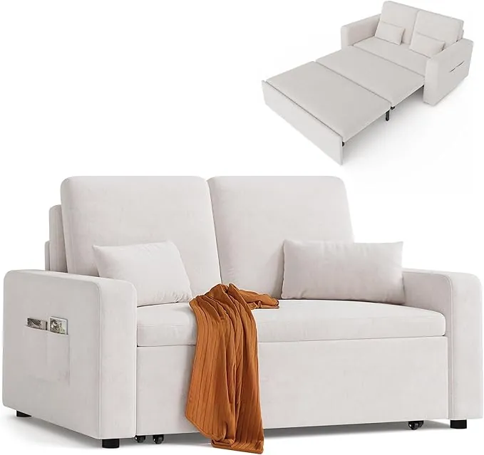 Xbro Sofa Cama 2 Plazas, Sillón Convertible 3 en 1 con Cama, Dos Bolsillos de Almacenamiento, Tapizado en Terciopelo, 147 x 196 x 87cm, Incluye Dos Cojines,Beige