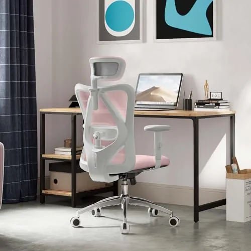 SIHOO M18 Silla de Oficina Ergon¨®Mica, Silla de Escritorio para Ordenador con Reposacabezas Ajustable y Soporte Lumbar, Respaldo Alto Silla Giratoria Ejecutiva para Oficina en Casa (Rosa Claro)