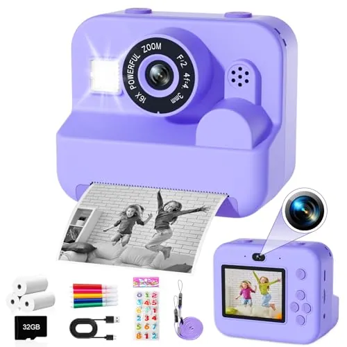 GKTZ Cámara de Fotos Instantáneas - Doble Cámara Fotos Infantil con Papel de Impresión y Tarjeta SD de 32G, Regalo para Niños de 3 a 14 años (Morado)