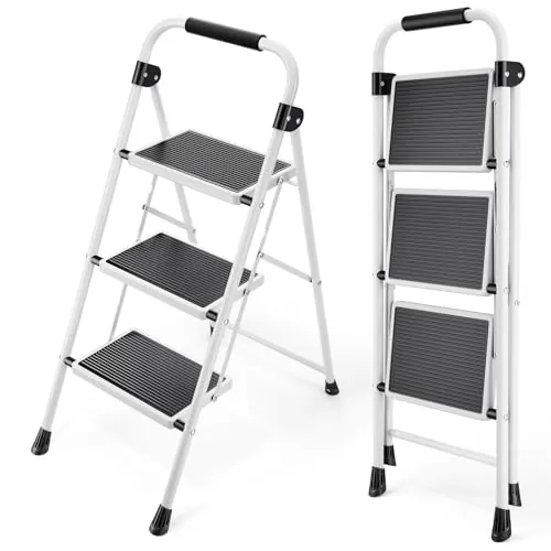 KINGRACK Escalera de 3 Escalones Plegable Pequeña con Pedal Antideslizante y Ancho, Asa, Acero Resistente, Ligera y Portátil, Color Blanco
