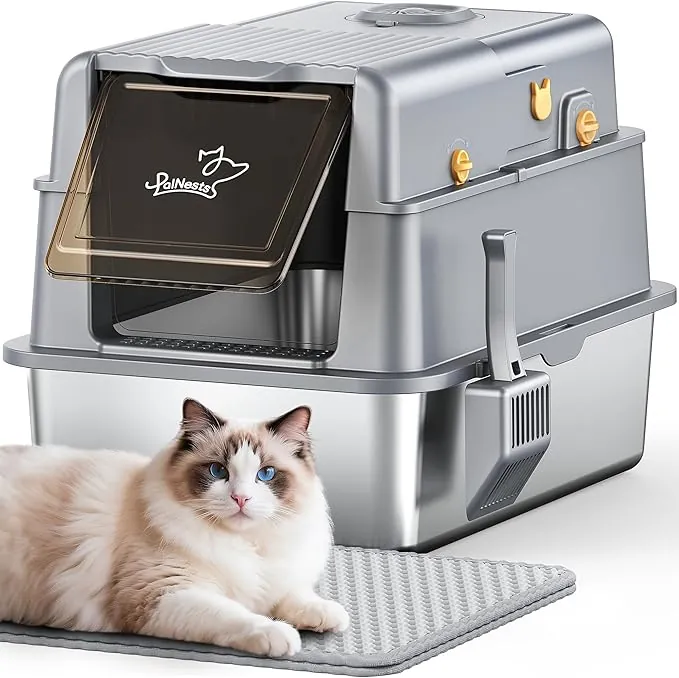 Arenero Gato Acero Inoxidable, XXL Caja Bandeja de Arena para Gatos con Tapa Abatible de 105°, Metal Extraíble Litter Box con Tapete, Caja de Arena de Lados Altos con Desodorante para Arena