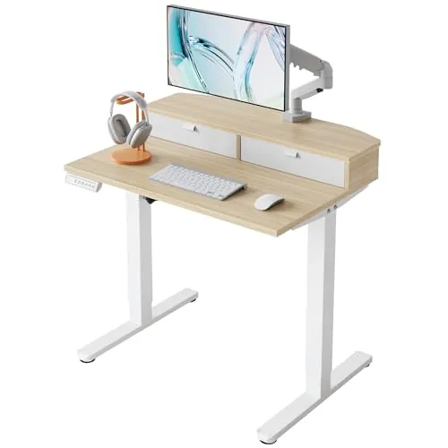 HUANUO Escritorio Elevable 80 x 53 cm con 2 Cajones de Tela 4 Memorias