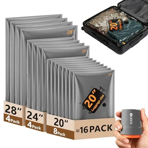SUOCO Bolsas de vacío ropa con bomba eléctrica inalámbrica, 16 bolsas (8 x 40x54 cm, 4 x 47x64 cm, 4 x 54x74 cm), compresión organizadora para maletas, ideal para viaje, almacenaje en armario