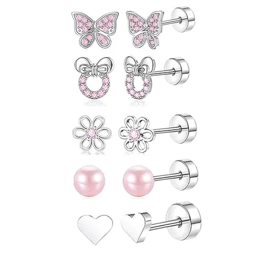 XFSRG Pendientes Niña Plata Hipoalergénicos con Diseño de Mariposa Flor y Corazón para Ocasiones Especiales (Rosa)