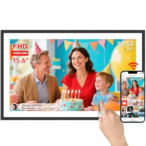 Frameo Marco de Fotos Digital de 15,6 Pulgadas Extra Grande WiFi Marco de Fotos Digital con 32GB 1920 * 1080 IPS HD Pantalla Táctil HD para Escritorio y Montaje en Pared Compartir Fotos y Vídeos a