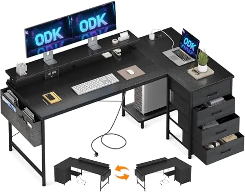 ODK Escritorio Esquinero con 4 Cajones de Tela, 160x80cm, Negro