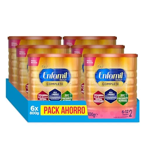 Enfamil Premium Complete 2 - Pack Mensual Fórmula Leche Infantil de Continuacion para Lactantes Bebés de 6 a 12 Meses, 800 gr - Pack de 6 Latas