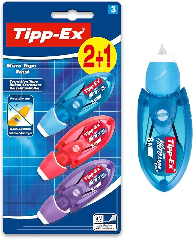BIC Tipp-Ex Cinta Correctora de Bolígrafos, Óptimo para Material Escolar, Micro Tape Twist, 8m x 5mm, Con Cabezal Rotativo, Blíster de 3, Multicolor