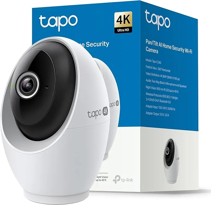 Tapo C260 - Cámara de vigilancia WiFi Interior, Seguridad doméstica, 4K 8MP 360°, detección AI, grabación Local/Nube, privacidad física, Zoom 18x, Seguimiento, Audio bidireccional, microSD