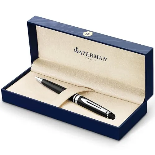 Waterman Expert bolígrafocolor negro brillante con adorno cromadopunta media con cartucho de tinta azulestuche de regalo