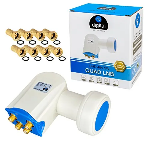 HB-DIGITAL Quad LNB LNC 4 participantes Satélite Directo Full HD TV 3D 4K DVB-S DVB-S2 Cabezal Sat Blanco + Contactos Dorados + Protección contra la Intemperie (Extensible) + 8X F-Plug Dorado