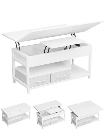Mesa de Centro de Altura Ajustable, 3 en 1, Multifunción, Mesa de Salón, Mesas de Café con 2 Cajones, Almacenamiento Oculto, Compartimento Abierto, Mesas de Comedor, Sala de Estar, Oficina (Blanco)