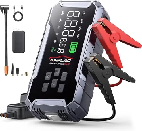 Arrancador de Baterias de Coche con Compresor de Air,ANFLAG 8000A 160PSI Arrancador(para All Gas/12L Diésel/Híbrido),26800mAh 12V Jump Starter con Clips de Seguridad Inteligentes/Martillo de seguridad