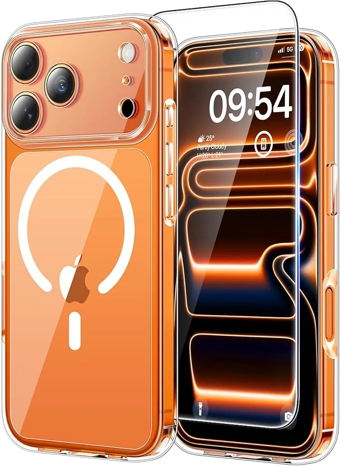 TAURI Funda Magnética para iPhone 17 Pro 6.3" con 1 Protector de Pantalla, Compatible with MagSafe, Vidrio Templado, Protección Lente Cámara, Antigolpes Militar Magnética - Transparente