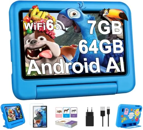 2026 Tablet Niños 7 Pulgadas Android, 7GB RAM+64GB ROM(TF 1TB), WiFi6, Bluetooth5.0, 8-Core, Batería 3500mAh, Control Parental, Dual Cámara, Certificación GMS, Tabletas Para Niños Con Funda EVA - Azul