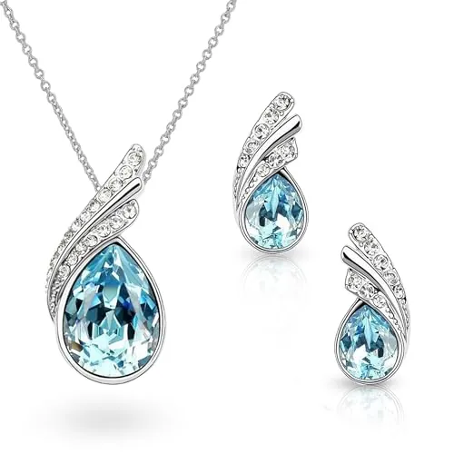 Crystalline Azuria Mujer 18ct Chapado en Oro Blanco Lágrimas Cristales Azul Aguamarina simulada Juego de joyas Collar Pendientes para Mujer Niña Boda Novia y Dama de honor