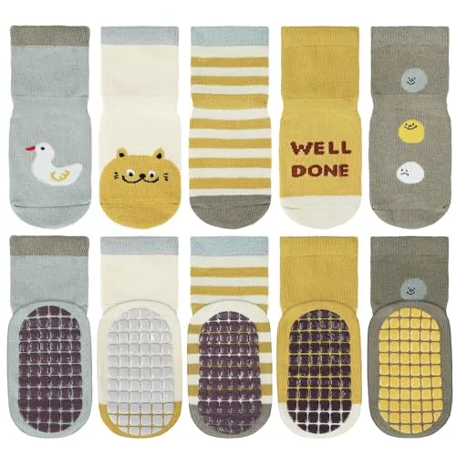 Vicloon Calcetines de Bebé,5 Pares Calcetines Antideslizantes de Algodón para Bebé,calcetines de dibujos animados con agarre para Bebés, Niños y Niñas(1-3 Años)