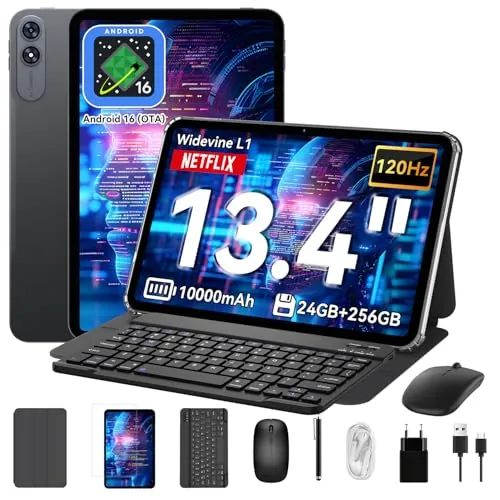 VekfulPC T60 Pro Tablet 13,4 Pulgadas,Android 16 Tableta con Teclado,120Hz Display,24GB RAM + 256GB ROM,10000mAh,WideVine L1/5G WiFi/GPS/Gemini AI,Octa-Core Tablets con Lápiz,Ratón,4 años de garantía