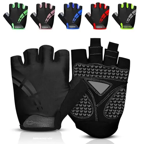 WESTWOOD FOX Guantes de ciclismo para hombre y mujer, guantes de ciclismo de medio dedo acolchados de gel antideslizantes, transpirables, absorción de impactos, palma antideslizante (negro, M)