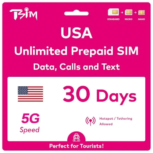 Tarjeta SIM prepagada de EE. UU. | Llamadas/mensajes de texto ilimitados, datos 5G ultra rápidos. Punto de acceso/compartido.