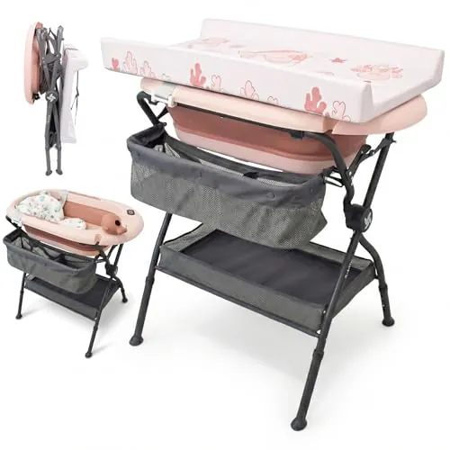 Twinly Bubbly Bañera Cambiador Plegable para Bebé 2 en 1 Ergonómica, Rosa