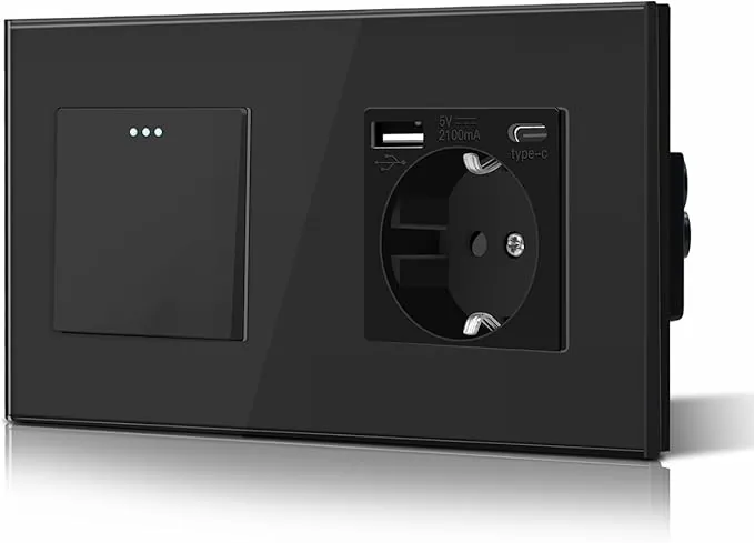 BSEED Interruptor Normal y Enchufe USB C,Basculante Con Luz de Orientación,Marco de Cristal,Fácil Instalación,Fáciles de Limpiar,1 Gang 1 Vía Con Enchufe USB/Tipo C,157mm Negro