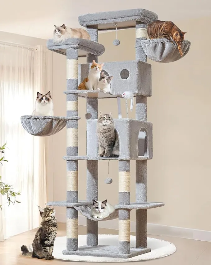 Taoqimiao Rascador para Gatos Grandes, 193cm Arbol Rascador para Gatos com 2 Espacioso Cuevas, 2 Cesta, Hamaca MS046W Gris Claro