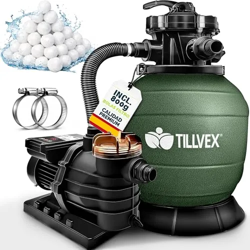 tillvex Depuradora de Agua para Piscina con Temporizador 10 m³/h + 800g Bolas de Filtro - 7 Funciones de Filtrado & Adaptador 2 en 1 Ø32-38 mm - Bomba de Filtro de Arena con Válvula (Verde)