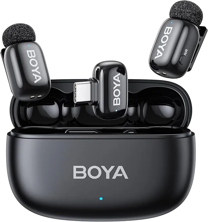 BOYA Mini 2 Microfono Inalambrico (2TX+1 USB-C RX) para iPhone 15/16/17, Microfono Movil Android, 48 kHz/24 bit, 5g Ultraligero, Cancelación de Ruido, 30h, Micrófono Solapa para Streaming, Vlogging