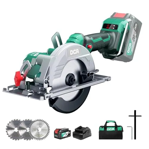 DCA 20V Sierra Circular Mini Inalámbrica Sin Escobillas con Batería 4,0Ah, 2 Velocidades 6700/4200 RPM, 3 Hojas Ø125mm y Guía, Profundidad Corte 45mm(90°)/33mm(45°), Para Madera, Plástico, PVC