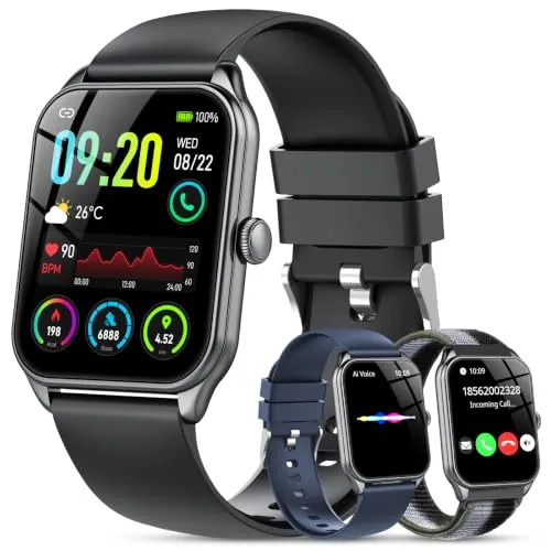Reloj Inteligente Hombre-3 Correas, Llamadas Bluetooth y Voz AI, Whatsapp Notificación,1.83" Smartwatch Mujer con SpO2 Pulsómetro Monitor de Sueño,120+Modos Deportes,Impermeable IP68 para iOS Android