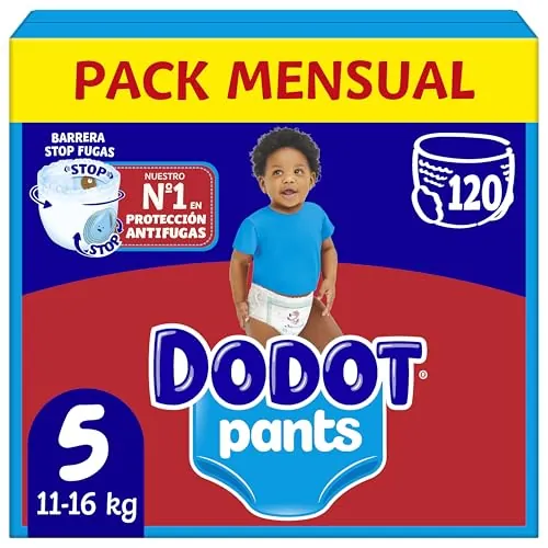 Dodot Bebé Pants Pañales, Talla 5, 11-16 kg, 120 Pañales, Pañal-Braguita con Ajuste 360° Anti-Fugas, Pack Mensual