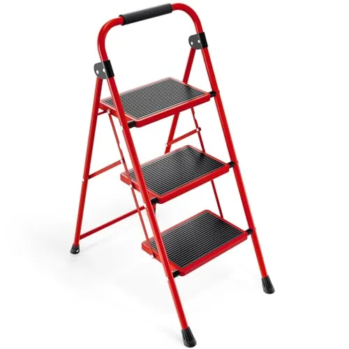 KINGRACK Escalera de 3 escalones, Escalera Plegable con Pedal Antideslizante y Ancho, pequeña con asa, Escalera de Acero Resistente, Ligera y portátil, Color Rojo