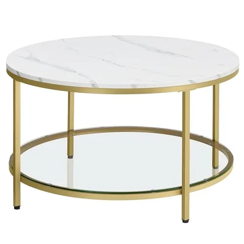 VASAGLE Mesa de Centro Redonda de Mármol de Imitación, Vidrio Templado | Mesa de Sofá, Estante, Montaje Fácil, Estilo Moderno, Salón, Blanco Mármol y Negro Mate, Colección BARIS LCT071W59
