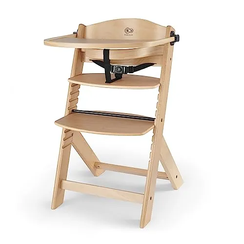 Kinderkraft ENOCK Trona bebé de Madera, Infantil, Portatil, para niños, Evolutiva silla alta, Ergonómica, Con accesorios, Barrera y Bandeja, Madera natural