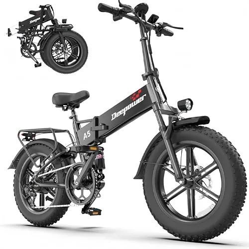 DEEPOWER Bicicleta Eléctrica Plegable para Adultos, Batería Extraíble 48V 15.6Ah, Autonomía hasta 110 km, Motor de 85 N·m, Neumáticos Fat 20" x4,0, 7 Velocidades, Suspensión Completa