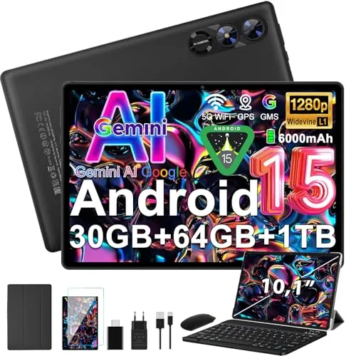 Tablet 10,1 pulgadas Android 15 tableta Gemini AI, 30+64GB+(1GB TF),Negro