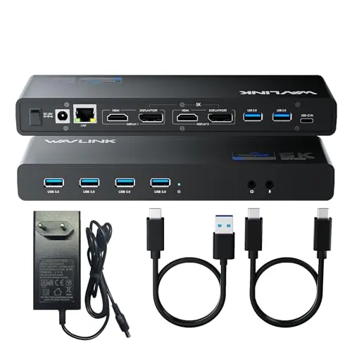 WAVLINK Estación de Acoplamiento Displaylink USB-C Universal con 2 Puertos HDMI y DP, Gigabit Ethernet, 6 Puertos USB 3.0, Audio, micrófono, Compatible con Mac OS y Windows