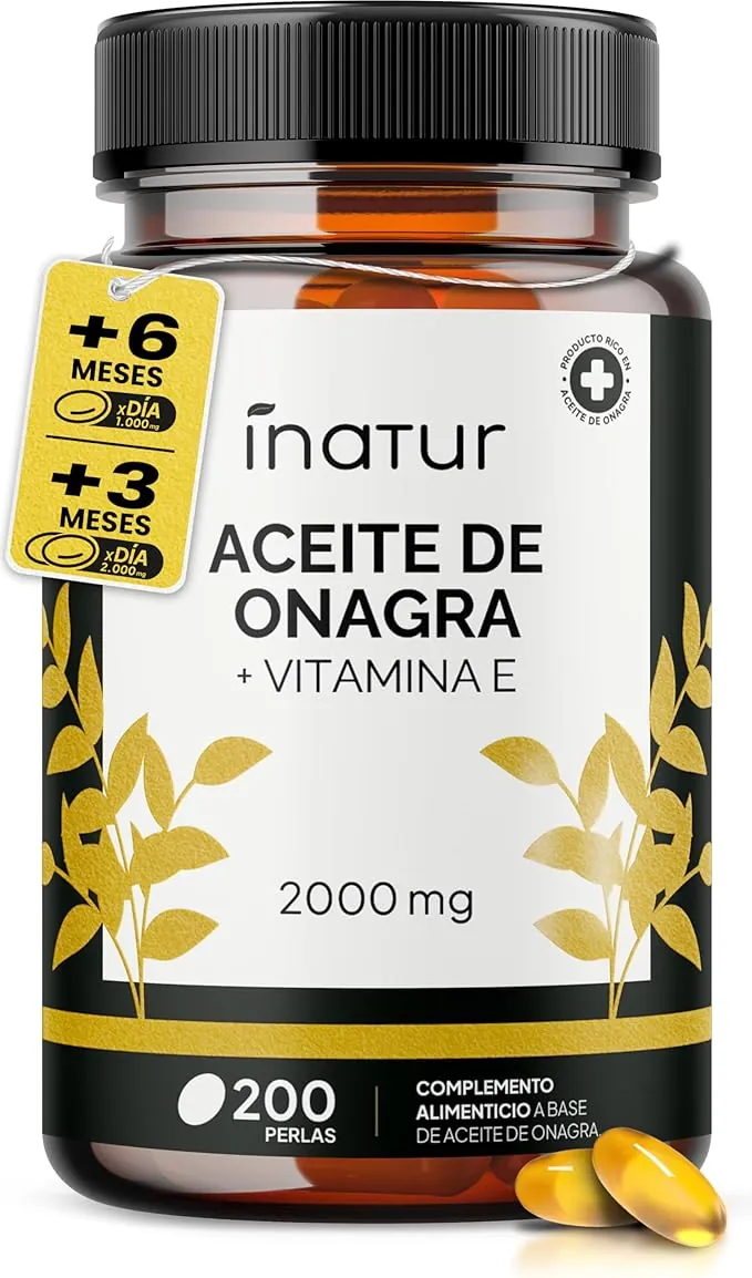 Aceite de Onagra 1.000 mg – 200 Perlas | Inatur | Vitamina E | 10% GLA | Suministro 7 meses | Salud hormonal de las mujeres | Salud de piel y huesos | 100% Natural