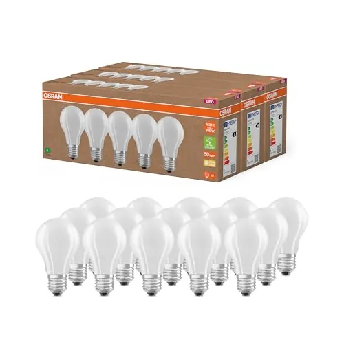 OSRAM Lámparas LED de alta eficiencia con clase de eficiencia energética A, Paquete de 15 bombillas, reemplaza de 100W, blanco cálido (2700K), E27, vidrio mate