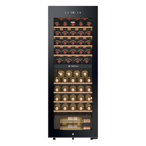 Haier Wine Bank 50 Series 5 HWS56GDG - Vinoteca de 56 botellas, 2 Zonas independientes, Estantes de madera, Filtro Anti-UV, Sistema Antivibración, Display Digital, Iluminación LED, 37 dbA, Negra