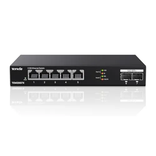 Tenda TEM2007X Switch de Alta Velocidad de 5 Puertos 2.5G, 2 Puertos 10G, Plug and Play, no Requiere configuración, protección contra Rayos de 6KV, Escritorio o Montaje en Pared, silencioso(TEM2007X)