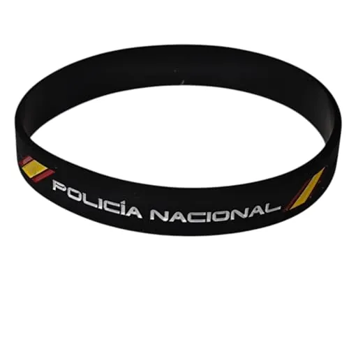 Genérico Pulsera Policía Nacional de Silicona – Color Negro con Letras Blancas, Bandera de España y Franja Azul – Unisex, 63 mm de Diámetro Interno, 12 mm de Ancho, 21 cm de Contorno - 1 Unidad