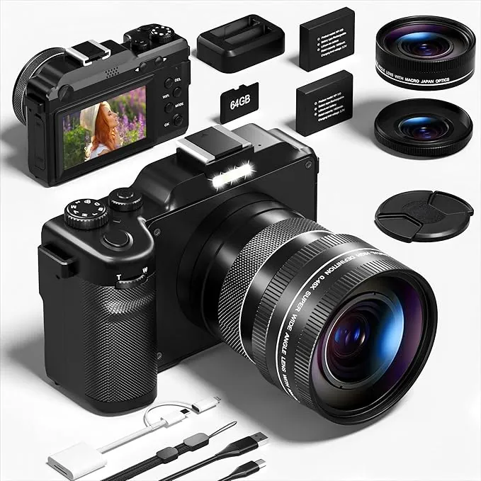Appareil Photo Numérique,Appareil Photo Avec Carte 64GB WiFi, Autofocus Selfie 18X Digital Zoom Compact Digital Camera Avec Objectifs Grand Angle et Macro, Camera Vlog pour Débutants Youtube