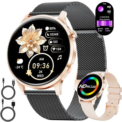 LIGE Reloj Inteligente para Mujer 7,9mm Ultrafino 1,32" AMOLED Llamada Telefónica para Android iOS Elegante Smartwatch Multideporte,Monitor de Fitness/Cardíaco/Sueño,Podómetro,Calorías,Negro Dorado